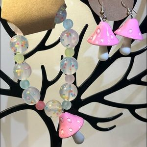 Mushroom/cottagecore earrings/bracelet handmade